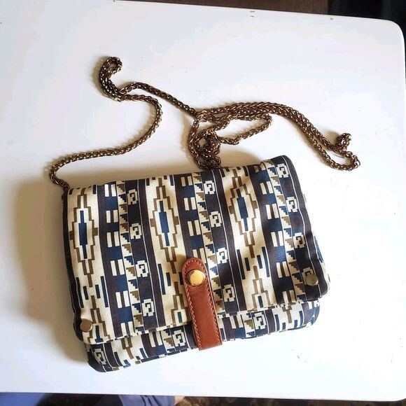 Street Level Clutch Crossbody Handbag W/Chain, Blue Aztec Boho - Picture 1 of 9